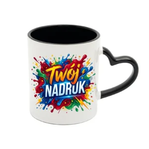 KUBEK BIAŁY, WNĘTRZE I UCHO SERCE CZARNE 330 ML Z NADRUKIEM