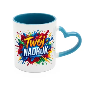 KUBEK BIAŁY, WNĘTRZE I UCHO SERCE JASNONIEBIESKE 330 ML Z NADRUKIEM