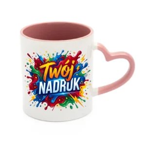 KUBEK BIAŁY, WNĘTRZE I UCHO SERCE RÓŻOWE 330 ML Z NADRUKIEM