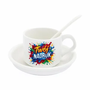 FILIŻANKA BIAŁA Z SPODKIEM I ŁYŻECZKĄ 150 ML Z NADRUKIEM