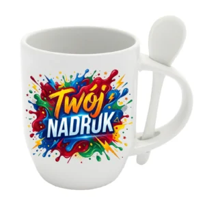 KUBEK BIAŁY Z ŁYŻECZKĄ 350 ML Z NADRUKIEM