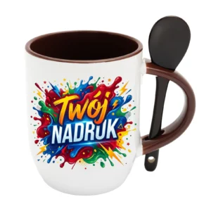 KUBEK BIAŁY Z ŁYŻECZKĄ, WNĘTRZE I UCHO BRĄZOWE 350 ML Z NADRUKIEM