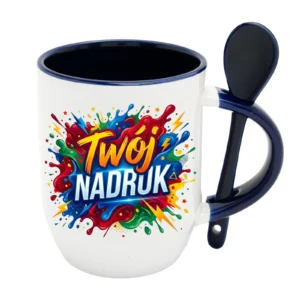 KUBEK BIAŁY Z ŁYŻECZKĄ, WNĘTRZE I UCHO GRANATOWE 350 ML Z NADRUKIEM