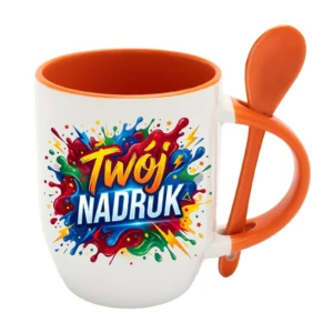 KUBEK BIAŁY Z ŁYŻECZKĄ, WNĘTRZE I UCHO POMARAŃCZOWE 350 ML Z NADRUKIEM