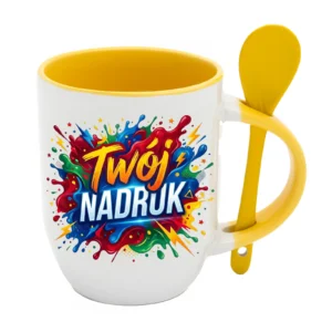 KUBEK BIAŁY Z ŁYŻECZKĄ, WNĘTRZE I UCHO ŻÓŁTE 350 ML Z NADRUKIEM