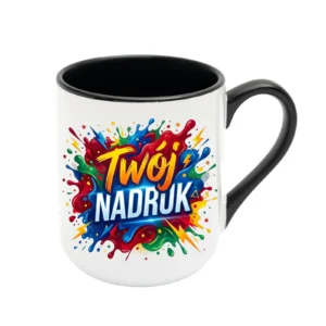 KUBEK BIAŁY COFFEE, WNĘTRZE I UCHO CZARNE 330 ML Z NADRUKIEM