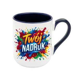 KUBEK BIAŁY COFFEE, WNĘTRZE I UCHO GRANATOWE 330 ML Z NADRUKIEM