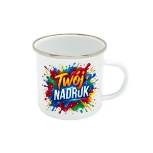 KUBEK BIAŁY EMALIOWANY, SREBRNY RANT Z NADRUKIEM