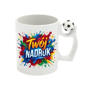KUBEK BIAŁY Z PIŁKĄ W UCHU 330 ML Z NADRUKIEM