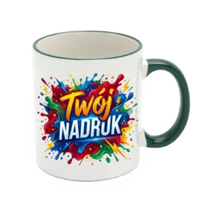 KUBEK BIAŁY, RANT I UCHO CIEMNOZIELONE 330 ML Z NADRUKIEM