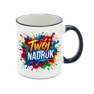 KUBEK BIAŁY, RANT I UCHO GRANATOWE 330 ML Z NADRUKIEM