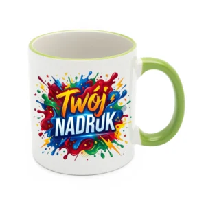 KUBEK BIAŁY, RANT I UCHO JASNOZIELONE 330 ML Z NADRUKIEM
