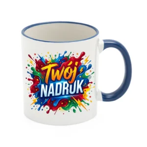 KUBEK BIAŁY, RANT I UCHO NIEBIESKE 330 ML Z NADRUKIEM
