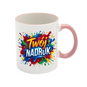 KUBEK BIAŁY, RANT I UCHO RÓŻOWE 330 ML Z NADRUKIEM