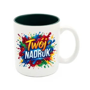 KUBEK BIAŁY, WNĘTRZE CIEMNOZIELONE 330 ML Z NADRUKIEM