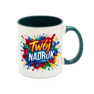 KUBEK BIAŁY, WNĘTRZE I UCHO CIEMNOZIELONE 330 ML Z NADRUKIEM