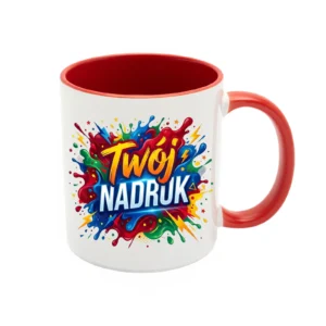 KUBEK BIAŁY, WNĘTRZE I UCHO CZERWONE 330 ML Z NADRUKIEM