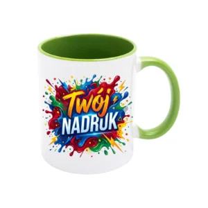 KUBEK BIAŁY, WNĘTRZE I UCHO JASNOZIELONE 330 ML Z NADRUKIEM