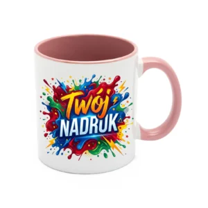 KUBEK BIAŁY, WNĘTRZE I UCHO RÓŻOWE 330 ML Z NADRUKIEM