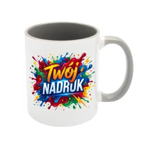 KUBEK BIAŁY, WNĘTRZE I UCHO SZARE 330 ML Z NADRUKIEM