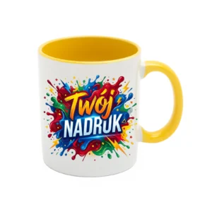 KUBEK BIAŁY, WNĘTRZE I UCHO ŻÓŁTE 330 ML Z NADRUKIEM