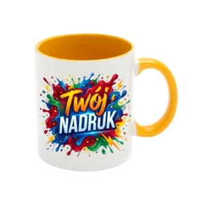KUBEK BIAŁY, WNĘTRZE I UCHO ŻÓŁTOZŁOTE 330 ML Z NADRUKIEM