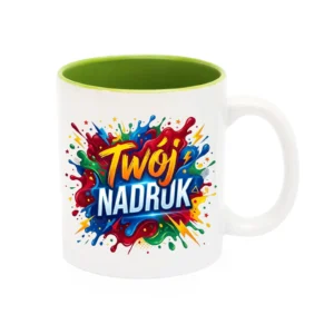 KUBEK BIAŁY, WNĘTRZE JASNOZIELONE 330 ML Z NADRUKIEM