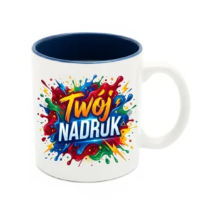 KUBEK BIAŁY, WNĘTRZE NIEBIESKE 330 ML Z NADRUKIEM