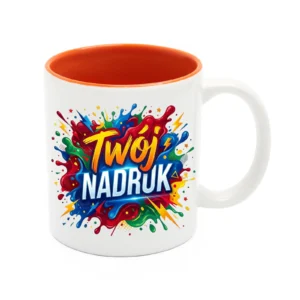 KUBEK BIAŁY, WNĘTRZE POMARAŃCZOWE 330 ML Z NADRUKIEM