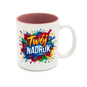 KUBEK BIAŁY, WNĘTRZE RÓŻOWE 330 ML Z NADRUKIEM