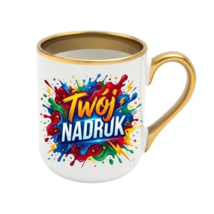 KUBEK ELEGANT BIAŁY, RANT I UCHO ZŁOTY METALIC 330 ML Z NADRUKIEM