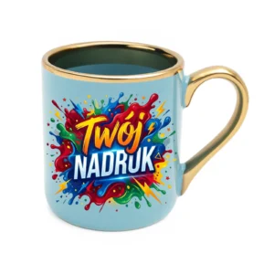 KUBEK ELEGANT JASNONIEBIESKI, RANT I UCHO ZŁOTY METALIC 330 ML Z NADRUKIEM