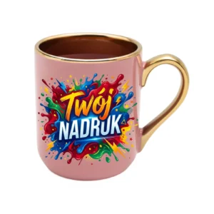 KUBEK ELEGANT RÓŻOWY, RANT I UCHO ZŁOTY METALIC 330 ML Z NADRUKIEM