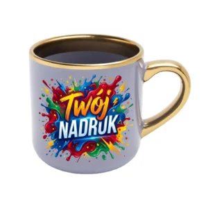 KUBEK ELEGANT SZEROKI FIOLETOWY, RANT I UCHO ZŁOTY METALIC 400 ML Z NADRUKIEM