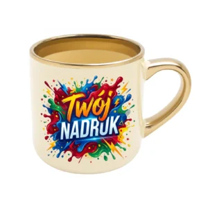 KUBEK ELEGANT SZEROKI KREMOWY, RANT I UCHO ZŁOTY METALIC 400 ML Z NADRUKIEM